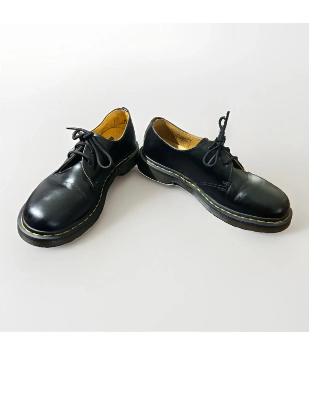 Dr. Martens Black Leather 3-Eye Derby with Yellow Welt Stitch